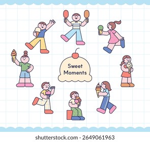 Cute vector illustration of children enjoying ice cream in summer. Happy and playful kids with different ice cream styles. Sweet and joyful moments.