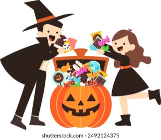 A cute vector illustration of children grabbing candy on Halloween