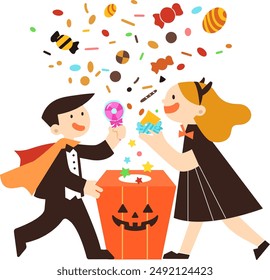 A cute vector illustration of children grabbing candy on Halloween