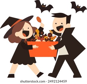 A cute vector illustration of children grabbing candy on Halloween