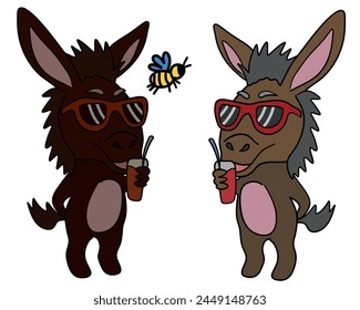 Cute vector illustration for children: two donkey with sunglasses are drinking summer shake