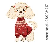 Cute vector illustration in children's style. Cute funny poodle dog sitting in warm sweater. Christmas illustration 