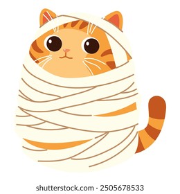 Cute vector illustration in children's style. Cute ginger cat in mummy costume. Illustration for halloween day