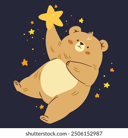 Linda Ilustración vectorial en estilo infantil. Lindo osezno volando en el cielo y sosteniendo una estrella en sus patas, cielo nocturno 