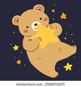 Linda Ilustración vectorial en estilo infantil. Lindo osezno volando en el cielo y sosteniendo una estrella en sus patas, cielo nocturno 