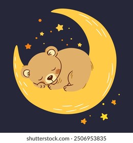 Cute vector illustration in children's style. Cute bear cub sleeping on the moon, night sky 