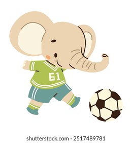 Cute vector illustration in children's style. Cute elephant playing soccer in uniform. Illustration on white background