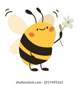 Cute vector illustration in children's style. Cute bee holding a daisy in its paws. Illustration on white background