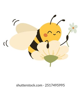 Cute vector illustration in children's style. Cute bee sitting on a daisy and holding a daisy in her paws. Illustration on white background
