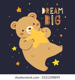 Linda Ilustración vectorial en estilo infantil. Lindo osezno volando en el cielo y sosteniendo una estrella en sus patas, cielo nocturno. Letras de Gran Sueño 