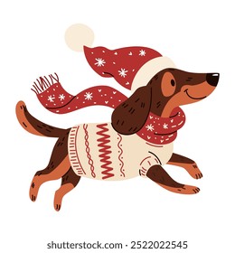 Cute vector illustration in children's style. Cute funny dachshund running in warm sweater and hat. Christmas illustration 