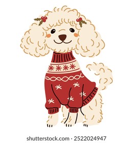 Cute vector illustration in children's style. Cute funny poodle dog sitting in warm sweater. Christmas illustration 