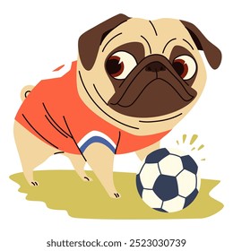 Cute vector illustration in children's style. Print for printing on a t-shirt. Cute pug in soccer player's t-shirt standing with soccer ball