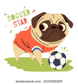 Cute vector illustration in children's style. Print for printing on a t-shirt. Cute pug in soccer player's t-shirt standing with soccer ball. Lettering Soccer Star