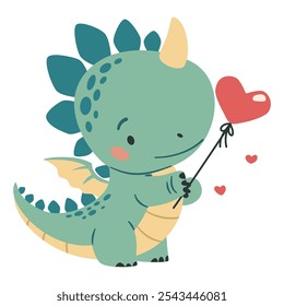 Cute vector illustration in children's style on white background for Valentine's Day. Cute dinosaur holding a heart-shaped balloon