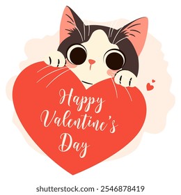 Ilustração vetorial bonito no estilo infantil para o Dia dos Namorados. Gatinho bonito se escondendo e espiando para fora de trás de um grande coração, uma inscrição Feliz Dia dos Namorados