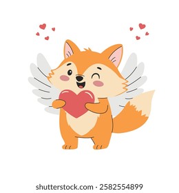 Cute vector illustration in children's style for Valentine's Day. Cute fox with heart, vector Illustration