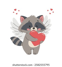 Cute vector illustration in children's style for Valentine's Day. Cute raccoon with heart, vector Illustration