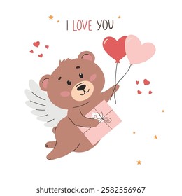 Cute vector illustration in children's style for Valentine's Day. Valentine's day greeting card with cute teddy bear. Vector illustration.