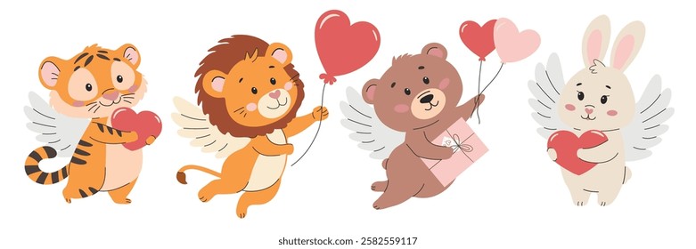 Cute vector illustration in children's style for Valentine's Day. Cute cartoon animals set. Valentines day card. Vector illustration