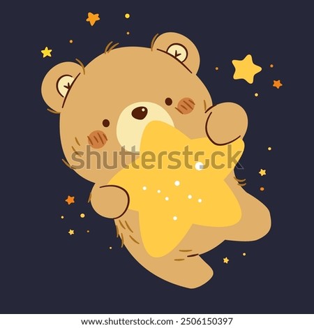 Cute vector illustration in children's style. Cute bear cub flying in the sky and holding a star in his paws, night sky 