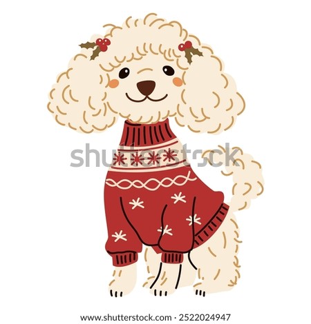 Cute vector illustration in children's style. Cute funny poodle dog sitting in warm sweater. Christmas illustration 