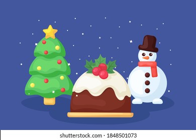 Cuta ilustración vectorial con pastel de chocolate, árbol de Navidad y muñeco de nieve. Caricatura de fondo de Año Nuevo/Navidad, afiche, impresión. Adorable decoración festiva con brillantes copos de nieve cayendo sobre el cielo azul oscuro.