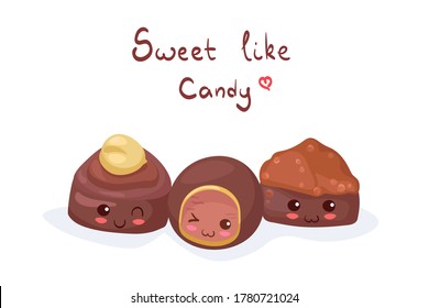 Cute vector illustration of Chocolate Candies isolated on white background. Kawaii funny & happy food characters. Cartoon smiling mascot for kids menu. Candy with hazelnut, caramel & soft filling.