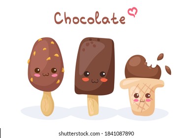 Cute vector illustration of chocolate ice cream cartoon characters. Kawaii food isolated on white background. Funny children menu elements. Adorable fabric print, greeting card, poster elements.