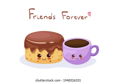 Cute vector illustration of Chocolate Pie and Coffee Cup isolated on white background. Cartoon children menu food characters. Funny comic fabric print, card. Kawaii kids drawing.