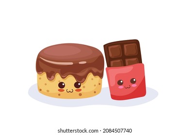 Cute vector illustration of Chocolate Pie and Choco Bar isolated on white background. Cartoon happy and funny food characters. Adorable comic fabric print, greeting card, poster. Kawaii drawing.