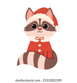 Cute vector illustration with Christmas animals. Raccoon in Santa Claus costume in children's style. Vector flat  illustration isolated on white background, simple 