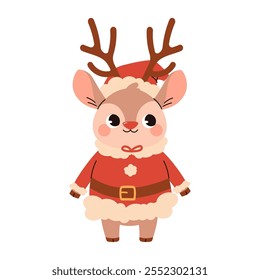 Cute vector illustration with Christmas animals. Reindeer in Santa Claus costume in children's style. Vector flat  illustration isolated on white background, simple 