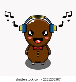 cute vector illustration of christmas gingerbread mascot santa wearing earphones