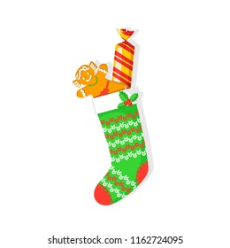 Cute vector illustration of Christmas stocking with a gingerbread girl and a candy.