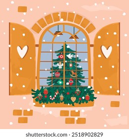 Linda Ilustración vectorial con árbol de Navidad en la habitación. Vista desde el exterior a través de la ventana retro. Decoraciones, guirnalda, nieve caída, pared de ladrillo viejo. Diseño para tarjeta, Anuncio. Diseño colorido para imprimir.
