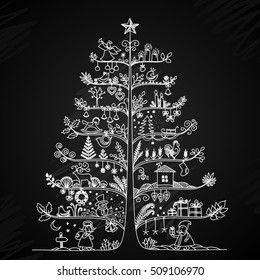 Cute vector illustration of a Christmas tree in retro style. Styling drawing chalk on a blackboard. The concept of the New Year holidays. 