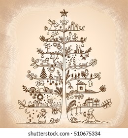 Cute vector illustration of a Christmas tree in retro style. The concept of the New Year holidays.