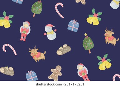 Cute vector illustration of Christmas with watercolor touch hand-drawn random all over pattern.