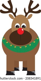 Cute vector illustration of a chubby reindeer with a bright red nose.