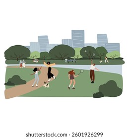 Cute vector illustration of a city park with people playing badminton, jogging, and socializing. Scenic outdoor space with modern buildings in the background. Flat vector illustration.
