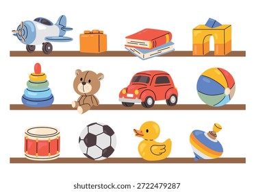 Nette Vektorgrafik von klassischen Kinderspielzeugen, die in Regalen angezeigt werden. Babyspielzeug im Cartoon-Stil mit Teddybär, Auto, Ball, Blöcken, Trommel und Ente. Perfekt für Kinderzimmer, Kinderdesign.