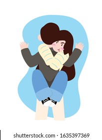 Cute Vector Illustration Of A Clingy Girlfriend To Her Boyfriend. Cute Illustration For Valentines Day 