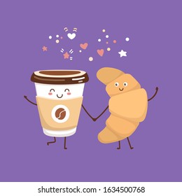 Cute vector illustration of coffee to go cup and a fresh croissant. Kawaii food characters. Couple of smiling hot beverage and tasty snack. 