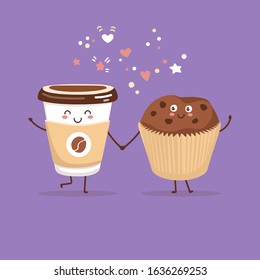 Cute vector illustration of coffee to go cup and a sweet chocolate muffin. Kawaii food characters. Couple of smiling hot beverage and a tasty snack. Cute card and poster design for a cafe or a bakery.