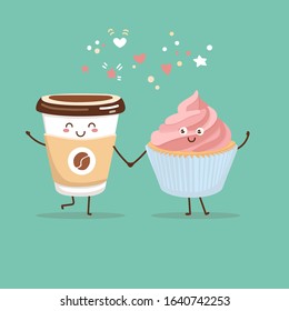 Cute vector illustration of coffee to go cup and a strawberry cupcake. Kawaii food characters. Couple of smiling hot beverage and a sweet snack. Cute card and poster design for a cafe or a bakery.