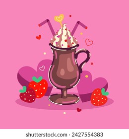 Cute vector illustration with coffee, strawberries and hearts on a pink background. 