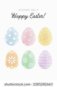 Cute Vector Illustration With Colorful Easter Eggs With Watercolor Paint Texture And Cheerful Patterns. Graphic Great For Greeting Card Designs. Isolated Elements.