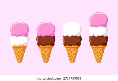 Linda Ilustración vectorial de coloridas cucharadas de helado en conos de gofre, perfecto para menús de verano, diseños de postres o dulces Elementos gráficos.