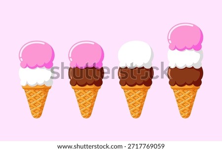 Cute vector illustration of colorful ice cream scoops in waffle cones, perfect for summer menus, dessert designs, or sweet graphic elements.